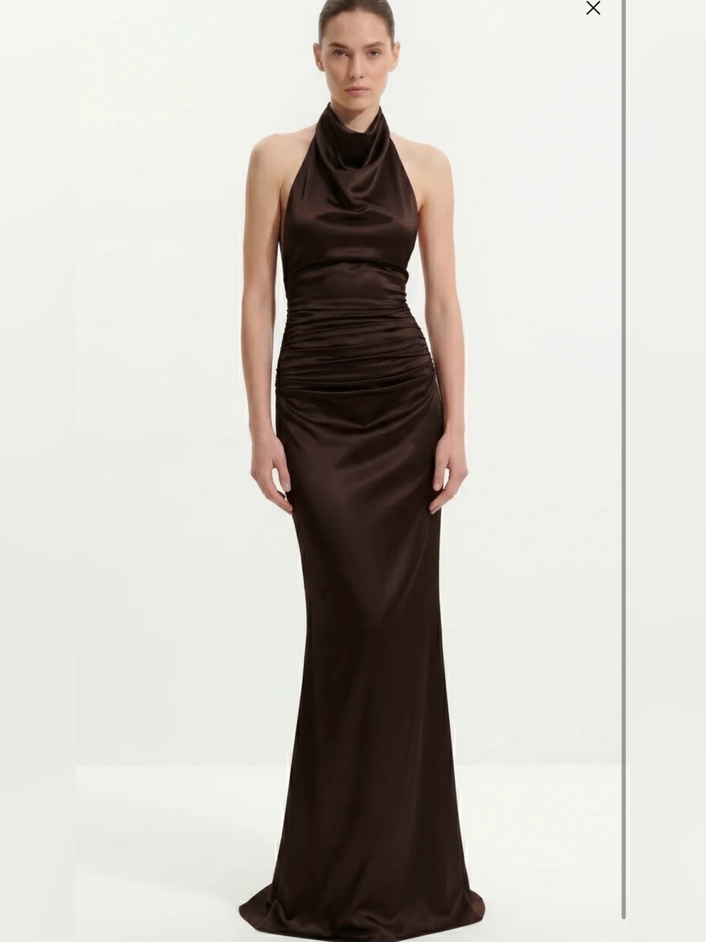 JW PEI- Satin Cowl Neck Ruched Maxi Gown - Dark Chocolate in Size 4